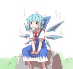  1girl blue_eyes blue_hair bow cirno dress hair_bow hihachi hot ice ice_wings mouth_hold popsicle short_hair sitting touhou wings 