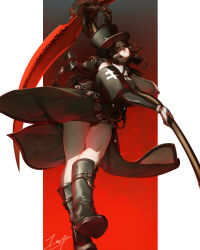  1other absurdres black_boots black_hair black_hat black_jacket black_skirt boots guilty_gear guilty_gear_strive hat highres holding holding_scythe jacket long_hair looking_at_viewer scythe skirt teppu_tora testament_(guilty_gear) 