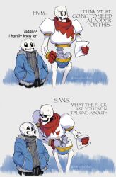  2025 2boys 2d 2koma armor artist_name blue_jacket blue_shorts brothers cape comic comic_sans commentary cowboy_shot digital_media duo edit english_commentary english_text gloves grey_hood grey_sweater hand_on_own_hip hands_in_pockets height_difference highres holding holding_paper hood hood_down hooded_jacket humanoid jacket leaning_to_the_side looking_at_another male male_focus male_only mewpet monster monster_boy multiple_boys open_clothes open_jacket paper papyrus_(font) papyrus_(undertale) profanity red_cape red_gloves sans_(undertale) sequential shorts siblings skeleton smile stitched sweater tall_image teeth text third-party_edit undead undertale utdr_(toby_fox) white_armor 