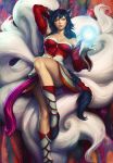  1girl ahri animal_ears bare_shoulders black_hair breasts cleavage detached_sleeves energy_ball facial_mark fox_ears fox_tail glowing glowing_eyes highres large_breasts league_of_legends long_hair multiple_tails solo stanley_lau tail very_long_hair 