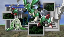  arm_cannon armor blue_eyes bly_mead digimon digimon_(creature) evolutionary_line full_body green_armor green_helmet helmet highres horns rapidmon rapidmon_(perfect) single_horn terriermon weapon 