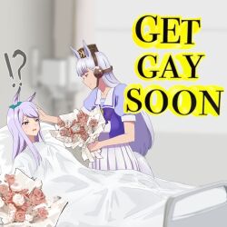  !? 2girls animal_ears bed blunt_bangs blurry blurry_background bouquet bow brown_hat commentary desuuuu ear_bow ear_covers english_commentary gold_ship_(umamusume) green_bow grey_hair half-closed_eyes hand_on_another&#039;s_head hat highres holding holding_bouquet horse_ears horse_girl horse_tail hospital hospital_bed indoors long_hair mejiro_mcqueen_(umamusume) multiple_girls parted_lips petting photo-referenced pillbox_hat purple_bow purple_hair purple_shirt sailor_collar sailor_shirt school_uniform shirt smile sweatdrop swept_bangs tail tracen_school_uniform umamusume under_covers 