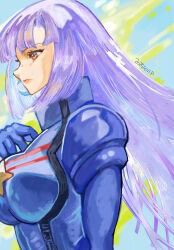  1girl blue_bodysuit bodysuit breasts brown_eyes crescent crescent_earrings dated earrings from_side gundam gundam_zz highres jewelry long_hair mecha_pilot_suit okrdisk2000 purple_hair roux_louka solo 