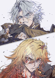  2boys absurdres antenna_hair armor black_choker black_gloves black_shirt blonde_hair blood blue_eyes braid choker dirty dirty_face earrings facial_tattoo fingerless_gloves gloves gold_earrings gradient_hair highres honkai:_star_rail honkai_(series) jewelry male_focus medium_hair multicolored_hair multiple_boys mydei_(honkai:_star_rail) neck_tattoo parted_bangs pauldrons phainon_(honkai:_star_rail) qel red_hair red_tattoo shirt short_hair shoulder_armor side_braid single_pauldron sun_symbol sun_tattoo tattoo white_hair wiping_blood yellow_eyes 