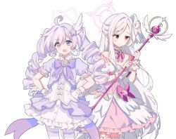  2girls ahoge averting_eyes bare_shoulders blue_archive blush bow bowtie corset cowboy_shot crescent crescent_hair_ornament detached_collar detached_sleeves dress dress_bow drill_hair earrings feathered_wings frilled_dress frilled_gloves frills gloves hair_ornament halo hands_on_own_hips head_wings highres holding holding_staff jewelry layered_dress long_hair mage_staff magical_girl migolu multicolored_hair multiple_girls neck_ribbon official_alternate_costume pantyhose pink_bow pink_corset pink_dress pink_hair pink_halo pink_ribbon puffy_short_sleeves puffy_sleeves purple_bow purple_bowtie purple_hair purple_pantyhose purple_shirt reisa_(blue_archive) reisa_(magical)_(blue_archive) ribbon shirt short_sleeves simple_background single_head_wing smile staff star_(symbol) star_earrings star_hair_ornament star_halo strapless strapless_dress striped_clothes striped_pantyhose suzumi_(blue_archive) suzumi_(magical)_(blue_archive) sweatdrop twin_drills two-tone_hair very_long_hair violet_eyes white_background white_dress white_gloves white_hair white_pantyhose white_wings white_wrist_cuffs wing_hair_ornament wings wrist_cuffs 