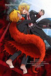  1boy 1girl barefoot belt black_suit blonde_hair collared_shirt don_quixote_(project_moon) feet full_body fur_collar highres holding_hands limbus_company necktie open_mouth pants popopopoooooooy project_moon red_eyes red_necktie sancho_(project_moon) shirt short_hair sinclair_(project_moon) suit white_shirt yellow_eyes 