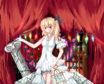  1girl alternate_costume arm_up armpits bare_shoulders birdcage blonde_hair breasts butterfly cage candlestand collarbone cross curtains dress flandre_scarlet flower full_moon hair_ribbon highres iron_bars jewelry looking_at_viewer mero_(3445036) moon necklace parted_lips pillar red_eyes red_moon red_rose ribbon rose shadow short_hair side_ponytail sleeveless sleeveless_dress solo touhou vines wings 
