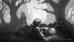  1boy 1girl 1other 2025 2d ambiguous_gender animal_ears anthro artist_name child closed_eyes commentary digital_media droopy_ears english_commentary female floppy_ears forest frisk_(undertale) furry furry_female goat goat_ears goat_girl goat_horns greyscale horizontal-striped_clothes horns human humanoid inktober leaf lying male mammal mewpet monochrome monster monster_boy monster_girl outdoors sans_(undertale) short_hair sitting skeleton sleeping striped_clothes striped_sweater sweater teeth toriel tree trio undead undertale utdr_(toby_fox) zzz 