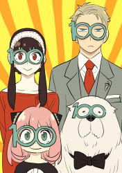  1boy 2girls :&gt; absurdres adoptive_parent_and_adoptive_child anya_(spy_x_family) black_bow black_bowtie black_hair blonde_hair blue_eyes bond_(spy_x_family) bow bowtie commentary_request dog dress endou_tatsuya family father_and_daughter frown green_eyes grey_suit hairband hairpods highres husband_and_wife mask mother_and_daughter multiple_girls necktie pink_hair red_dress red_eyes red_necktie sidelocks spy_x_family suit traditional_bowtie twilight_(spy_x_family) white_hairband yor_briar 
