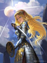  1girl armor armored_dress blonde_hair blue_eyes braid clouds hair_ornament long_hair looking_at_viewer original shield sky smile solo sun sword watermark weapon xiaji 