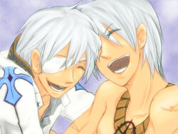  2boys arch_bishop_(ragnarok_online) brothers closed_eyes commentary_request eyepatch grey_hair jacket jewelry laughing male_focus multiple_boys necklace open_mouth purple_background ragnarok_online short_hair siblings smile sura_(ragnarok_online) twins upper_body white_jacket yuchey 