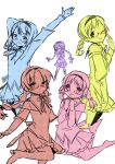  5girls :d akemi_homura black_hair braid dancing glasses hairband hands_together henshin high_heels jumping leg_up long_hair looking_at_viewer magical_girl mahou_shoujo_madoka_magica multiple_girls multiple_monochrome multiple_persona nasunoko one_eye_closed open_mouth pantyhose red-framed_glasses semi-rimless_glasses simple_background skirt smile solo twin_braids under-rim_glasses white_background wink 