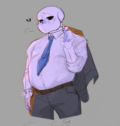  1boy 2021 2d alternate_costume belt black_pants black_suit blue_necktie brown_belt buttons collared_shirt cropped_legs digital_media flamingbiscuit formal_clothes grey_background half-closed_eyes holding holding_clothes holding_suit hollow_eyes humanoid inactive_account male male_focus male_only monster monster_boy necktie pants procreate_(medium) puff_of_air sans_(undertale) shirt simple_background skeleton solo suit third-party_source undead undertale unworn_clothes unworn_suit utdr_(toby_fox) white_shirt 