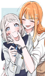  2girls ^_^ blush bracelet cheek_pinching closed_eyes commentary_request dot_nose flying_sweatdrops furrowed_brow gakuen_idolmaster grey_hair highres idolmaster jewelry kasasagi_(futagodori888) katsuragi_lilja multiple_girls nail_polish orange_hair pinching red_nails ring shiun_sumika upper_body 