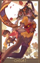  1girl arm_up black_choker black_gloves black_sandals black_thighhighs blonde_hair border bow brown_hair character_doll character_name chiori_(genshin_impact) choker closed_mouth doll elbow_gloves english_commentary floating_clothes floral_background floral_print flower flower_ornament gem genshin_impact gloves grey_border hair_flower hair_ornament hair_stick high_ponytail highres holding holding_sword holding_weapon japanese_clothes katana kimono kiwiteamlp long_hair looking_at_viewer multicolored_hair orange_flower orange_gemstone orange_hair orange_kimono outside_border petals ponytail red_eyes red_flower red_sash sandals sash short_sleeves solo striped_bow sword thigh-highs vision_(genshin_impact) weapon white_background yellow_bow 