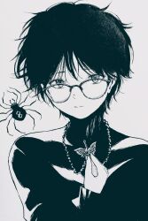 1girl black_hair bug character_request glasses highres hunter_x_hunter jewelry looking_at_viewer messy_hair misaki_toji necklace short_hair spider sweater white_background 