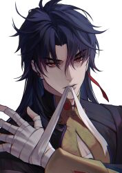  1boy arm_up bandage_in_mouth bandaged_hand bandages bh495 black_hair blade_(honkai:_star_rail) clothing_cutout collared_shirt hair_between_eyes hashtag-only_commentary highres honkai:_star_rail honkai_(series) long_hair male_focus parted_bangs popped_collar portrait red_eyes shirt simple_background solo upper_body white_background 