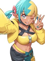  1girl aqua_hair bandeau black_mask blonde_hair blue_eyes breasts canari_(pokemon) criss-cross_straps dark-skinned_female dark_skin highres jacket long_sleeves mask mask_pull medium_breasts mega_stone mouth_mask multicolored_hair mutturi_mamer18 one_eye_closed pants pokemon pokemon_legends:_z-a short_twintails solo split-color_hair twintails two-tone_mask two-tone_pants yellow_bandeau yellow_jacket yellow_mask 