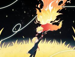  1boy 1girl blonde_hair chibi closed_eyes closed_mouth couple don_quixote_(project_moon) dress fire full_body fur_collar grass hetero highres holding_hands limbus_company long_hair necktie night night_sky ooehebiko open_mouth outdoors pants project_moon red_necktie sancho_(project_moon) short_hair sinclair_(project_moon) sky star_(sky) starry_sky 