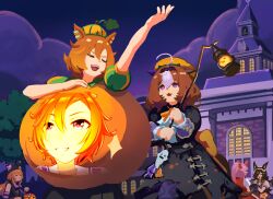  5girls absurdres ago_(owenanaken) ahoge alternate_costume animal_ear_headwear animal_ears ascot bat_wings black_dress black_gloves black_hat bow breasts brown_hair cape closed_eyes closed_mouth commentary crown double-parted_bangs dress ear_covers english_commentary fingerless_gloves flipped_hair frilled_hairband frills ghost_ornament gloves hair_between_eyes hair_over_one_eye hairband halloween halloween_bucket halloween_costume haru_urara_(umamusume) hat highres holding horse_ears horse_girl horse_tail jack-o&#039;-lantern_brooch jack-o&#039;-lantern_ornament lantern long_hair long_sleeves low_twintails mayano_top_gun_(rockin&#039;_mewmeow)_(umamusume) mayano_top_gun_(umamusume) medium_hair meisho_doto_(dot-o&#039;-lantern)_(umamusume) meisho_doto_(umamusume) midriff multicolored_hair multiple_girls night official_alternate_costume official_alternate_hairstyle open_mouth orange_crown orange_hair orange_hat orange_ribbon outdoors pink_hair ponytail puffy_short_sleeves puffy_sleeves pumpkin_brooch pumpkin_costume pumpkin_hat purple_arm_warmers purple_hairband purple_wings red_cape ribbon rice_shower_(make_up_vampire!)_(umamusume) rice_shower_(umamusume) shirt short_hair short_sleeves single_ear_cover skirt smile striped_arm_warmers striped_sleeves t.m._opera_o_(umamusume) tail twintails two-tone_hair umamusume violet_eyes white_ascot white_hair white_shirt wings 