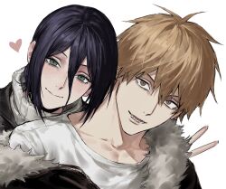  1boy 1girl blush brown_eyes brown_hair chainsaw_man closed_mouth collarbone denji_(chainsaw_man) fur_trim green_eyes hair_between_eyes heart hetero high_collar highres jacket jacket_partially_removed looking_at_viewer lower_teeth_only off_shoulder open_mouth purple_hair reze_(chainsaw_man) sharp_teeth shirt simple_background smile sso_s teeth unzipped upper_body v white_background white_shirt 