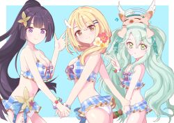  3girls absurdres animal_ears bikini bikini_skirt black_hair blonde_hair breasts clear_(princess_connect!) clear_(princess_connect!)_(cosplay) clear_(summer)_(princess_connect!) cosplay food green_eyes green_hair highres holding holding_hands holding_skewer large_breasts lily_(princess_connect!) long_hair meat multiple_girls navel pig pig_ears pig_girl ponytail precia_(princess_connect!) princess_connect! skewer smile swimsuit twintails v violet_eyes yamada_(hvcij) yellow_eyes 