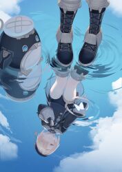  1boy absurdres beret black_boots black_coat black_gloves black_hat blonde_hair blue_eyes blue_sky bodysuit bodysuit_under_clothes boots bug butterfly clouds coat day expressionless fingerless_gloves freminet_(genshin_impact) genshin_impact gloves hair_over_one_eye hashtag-only_commentary hat highres knee_boots lace-up_boots long_sleeves male_focus non-humanoid_robot pers_(genshin_impact) pouch reflection reflective_liquid ripples robot side_part sky solo standing thigh_pouch wolfram_1 