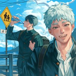  2boys backpack bag black_bag black_hair black_pants bottle buttons clouds collared_shirt drinking gakuran grey_eyes highres hikaru_ga_shinda_natsu indou_hikaru jacket long_sleeves male_focus multiple_boys open_clothes open_jacket outdoors pants road_sign school_uniform shirt short_eyebrows short_hair sign sky smile teeth tsujinaka_yoshiki verbartt water_bottle white_hair white_shirt 
