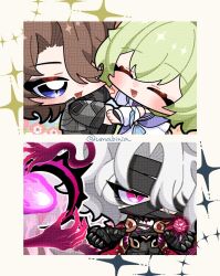  1boy 1girl bandage_in_mouth bandage_on_face bandage_on_forehead bandage_over_one_eye bandaged_arm bandaged_hand bandaged_torso bandages blue_eyes blush brown_hair chibi claws cloak closed_eyes curtained_hair dark_persona detached_sleeves dress extra_hands eyelashes eyeshadow facing_away fire genshin_impact gold green_hair grey_eyeshadow grey_jacket grey_pants grey_sleeves hair_between_eyes hair_intakes hair_over_one_eye hand_eye happy hetero holding holding_hands holding_scythe jacket layered_dress long_sleeves looking_at_another makeup official_alternate_hair_color open_hand open_mouth pants pectorals pink_eyes purple_dress purple_fire red_cloak rerir_(genshin_impact) scythe tholindis_(genshin_impact) twitter_username umabinia vortex white_dress white_hair white_sleeves 