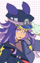  1girl animal_ears bea_lenoir black_hat black_jacket breasts collared_jacket collared_shirt colored_inner_hair covered_collarbone ears_through_headwear eyes_visible_through_hair fenomeno_(black_flames_of_the_righteous_spirit)_(umamusume) fenomeno_(umamusume) gloves grey_jacket grey_shirt grid_background hair_between_eyes halter_shirt halterneck hand_on_headwear hat horse_ears horse_girl horseshoe_ornament jacket lapels large_breasts long_hair long_hair_between_eyes long_sleeves lower_teeth_only multicolored_hair multicolored_jacket notched_lapels open_mouth peaked_cap purple_hair see-through_clothes see-through_shirt shirt single_shoulder_pad smile solo teeth tsurime two-tone_jacket umamusume upper_body very_long_hair violet_eyes white_background white_gloves yellow_pupils 