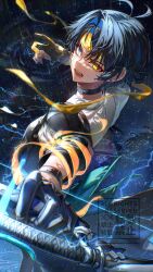  1boy absurdres antenna_hair asaba_harumasa black_choker black_gloves black_hair blue_eyes choker collared_shirt commentary_request earrings from_above gloves hair_intakes headband heterochromia highres holding holding_weapon jewelry male_focus nero_hanken open_mouth parted_bangs partially_fingerless_gloves revision shadow shirt short_hair stud_earrings sweat watermark weapon white_shirt yellow_eyes yellow_headband zenless_zone_zero 