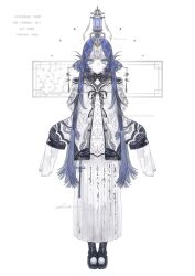  1girl absurdres blue_eyes blue_hair boots chinese_clothes dress hair_ornament heilanshuimuchu highres lantern long_hair long_sleeves looking_at_viewer original simple_background sleeves_past_fingers sleeves_past_wrists solo straight-on white_background white_dress 