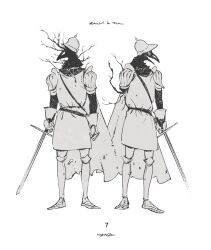  2boys armor bird_boy combat_helmet commentary_request feathers full_body furry furry_male gauntlets greyscale helmet holding holding_sword holding_weapon male_focus monochrome multiple_boys nagabe original pickelhaube simple_background standing sword tunic weapon white_background 