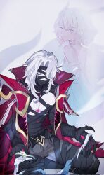  1boy 1girl apparition arm_spikes arms_behind_back bandage_in_mouth bandage_on_face bandage_over_one_eye bandaged_arm bandaged_hand bandaged_leg bandaged_neck bandaged_torso bandages black_bandages blush claws cloak closed_eyes constricted_pupils curtained_hair detached_sleeves dress eyelashes eyeshadow facing_another genshin_impact gold grey_eyeshadow grey_pants hair_between_eyes hair_intakes hair_over_one_eye hand_eye highres kneeling large_pectorals looking_down makeup molingxiao7 mystical_high_collar open_hands open_mouth pants pectorals red_cloak red_eyes rerir_(genshin_impact) shoulder_blades shoulder_spikes spikes tholindis_(genshin_impact) torn_clothes tsurime wavy_hair white_hair wide-eyed 