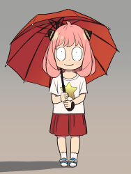  1girl anya_(spy_x_family) blue_shoes child endou_tatsuya full_body hairpods highres holding holding_umbrella medium_hair medium_skirt pink_hair red_skirt shirt shoes skirt smile solo spy_x_family star_(symbol) t-shirt umbrella white_shirt 