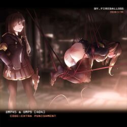  2girls 404_(girls'_frontline) absurdres armband arms_behind_back ass_smack bdsm blush bondage bound bound_legs breast_bondage breasts fireball_666 girls_frontline hair_between_eyes highres long_hair multiple_girls punishment red_rope restrained rope shibari shibari_over_clothes skirt spanked spanking suspension ump45_(girls'_frontline) ump9_(girls'_frontline) whip_marks yellow_armband 