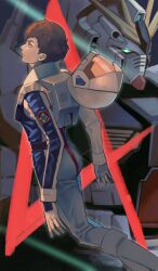  1boy amuro_ray blue_bodysuit bodysuit boots brown_eyes brown_hair char&#039;s_counterattack closed_mouth commentary feet_out_of_frame from_side green_eyes gundam helmet highres kasumi_(skchkko) looking_ahead male_focus mecha mecha_pilot_suit mobile_suit multicolored_bodysuit normal_suit_(gundam) nu_gundam pilot_helmet profile robot science_fiction short_hair spacesuit two-tone_bodysuit unworn_headwear unworn_helmet v-fin white_bodysuit white_boots 
