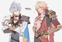  2boys abs antenna_hair arm_tattoo armlet armor black_choker black_coat black_shirt blonde_hair blue_cape braid cape chest_tattoo choker clawed_gauntlets closed_eyes coat earrings facial_tattoo gold_earrings gold_necklace gradient_hair hazozoyaku highres honkai:_star_rail honkai_(series) jewelry male_focus medium_hair multicolored_hair multiple_boys mydei_(honkai:_star_rail) neck_tattoo necklace open_clothes open_coat parted_bangs pauldrons personality_switch phainon_(honkai:_star_rail) red_cape red_hair red_tattoo role_reversal shirt short_hair shoulder_armor side_braid side_cape single_pauldron sun_symbol sun_tattoo sweatdrop tattoo toned toned_male white_coat white_hair 