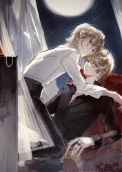  2boys absurdres armchair aydllie black_pants black_shirt boy_on_top brothers chair curtains digimon digimon_adventure digimon_adventure_02 full_moon highres ishida_yamato jewelry looking_at_viewer male_focus moon multiple_boys necklace pants pearl_necklace red_eyes ring see-through_curtains shirt siblings sitting takaishi_takeru vampire white_shirt 