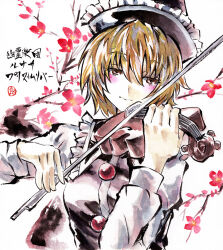  1girl black_hat black_vest blush breasts brown_hair character_name commentary commentary_request flower frilled_hat frills hair_between_eyes hat highres instrument kabaji long_sleeves lunasa_prismriver music playing_instrument red_flower shikishi shirt short_hair small_breasts solo touhou traditional_media translation_request upper_body vest violin white_shirt 