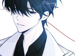  1boy bags_under_eyes black_eyes black_hair black_shirt close-up coat cowboy_shot head_tilt highres kim_dokja looking_at_viewer male_focus muzililsp omniscient_reader's_viewpoint open_clothes parted_lips popped_collar portrait shirt short_hair solo string string_of_fate white_coat 