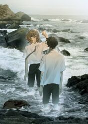  2boys absurdres akechi_gorou amamiya_ren black_hair black_pants brown_hair commentary_request crossed_bangs day hair_between_eyes hand_up hashtag-only_commentary highres looking_at_another male_focus multiple_boys necktie ocean outdoors pants pants_rolled_up parun0ri persona persona_5 photo_background red_eyes rock shirt short_hair short_sleeves sky standing striped_necktie twitter_username wading waves white_shirt 