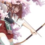  1girl akagi_(kantai_collection) archery armor arrow bow_(weapon) brown_eyes brown_hair cherry_blossoms gloves highres japanese_clothes kantai_collection kosagi_midori kyuudou long_hair muneate open_mouth personification solo thigh-highs weapon yugake 