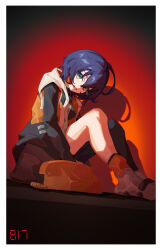  1girl ahoge belle_(zenless_zone_zero) black_shirt black_thighhighs blue_hair commentary_request corded_phone earrings full_body green_eyes hair_between_eyes hands_under_legs head_tilt highres hood hy_jinx jacket jewelry looking_at_viewer multicolored_jacket no_hair_ornament open_mouth orange_jacket orange_socks phone red_background shadow shirt shoes short_hair single_thighhigh sitting sitting_on_table sleeveless sleeveless_jacket socks solo thigh-highs white_hood white_shoes zenless_zone_zero 