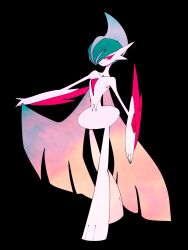  1other adjusting_cape arm_at_side arm_blade black_background cape colored_skin facing_to_the_side gallade green_hair high_contrast highres looking_to_the_side mega_gallade mohawk outstretched_arm pokemon pokemon_(creature) pokemon_focus red_eyes red_trim solo umi-be-to walking weapon white_cape white_skin wide_hips 