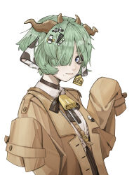  1girl absurdres animal_ears bell black_ribbon bottle_hair_ornament brown_jacket closed_mouth colored_sclera cow_ears cow_girl cow_horns cowbell crelly_parfait ear_tag eyelashes fang ffsuda0 green_hair grey_sclera hair_ornament hair_over_one_eye hairclip hashtag-only_commentary highres horns indie_virtual_youtuber jacket long_sleeves mole mole_under_mouth neck_bell neck_ribbon official_alternate_hair_length official_alternate_hairstyle open_clothes open_jacket ribbon short_hair simple_background skin_fang sleeves_past_fingers sleeves_past_wrists solo upper_body very_short_hair virtual_youtuber white_background white_eyes 
