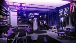  absurdres album_cover avenged_sevenfold boombox boots box chair chandelier character_doll commentary commission corpse_bride couch cover doll drawer emily_(corpse_bride) emily_the_strange english_commentary highres indie_virtual_youtuber indoors jacket melody_(projektmelody) mirror my_chemical_romance no_humans nrnmarie pillow poster_(object) purple_theme rug scenery shelf shirt stuffed_toy three_cheers_for_sweet_revenge unworn_boots unworn_jacket unworn_shirt unworn_wig victor_van_dort wardrobe wig window 