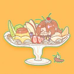  1boy :3 apple apple_slice blueberry bowl brown_hair bug cantaloupe_slice chef_hat cherry_hair_ornament chibi chibi_only closed_eyes cockroach commentary curtained_hair food food-themed_hair_ornament food_focus fruit glass_bowl green_outline gregor_(project_moon) hair_ornament hat highres limbus_company lime_(fruit) low_ponytail orange_(fruit) orange_slice outline ponytail project_moon pudding qilin1689 strawberry symbol-only_commentary whipped_cream 