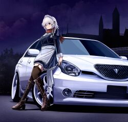  1girl 3books absurdres album_cover apron blue_dress boots bow braid breasts brown_boots brown_thighhighs car circle_name commentary_request cover dress garter_straps green_bow grey_hair hair_bow highres izayoi_sakuya juliet_sleeves knee_boots lace-up_boots leaning_on_object login_records long_hair long_sleeves looking_at_viewer maid maid_headdress motor_vehicle outdoors puffy_sleeves red_scarf scarf smile solo textless_version thigh-highs touhou toyota_verossa waist_apron white_apron white_car 