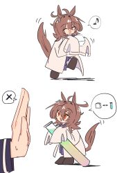  1girl 1other :d ^_^ absurdres agnes_tachyon_(tach-nology)_(umamusume) agnes_tachyon_(umamusume) animal_ears antenna_hair black_boots boots brown_hair carrying chemicals closed_eyes coat collared_shirt commentary disembodied_hand dress_shirt ear_ornament gachitamago hair_between_eyes hair_intakes highres holding holding_test_tube horse_ears horse_tail incoming_gift lab_coat long_sleeves messy_hair mini_person minigirl motion_lines musical_note open_mouth red_eyes shadow shirt short_hair sketch sleeves_past_fingers sleeves_past_wrists smile solo_focus spoken_musical_note spoken_object spoken_x sugar_cube sweatdrop tail tail_raised test_tube umamusume walking white_coat 